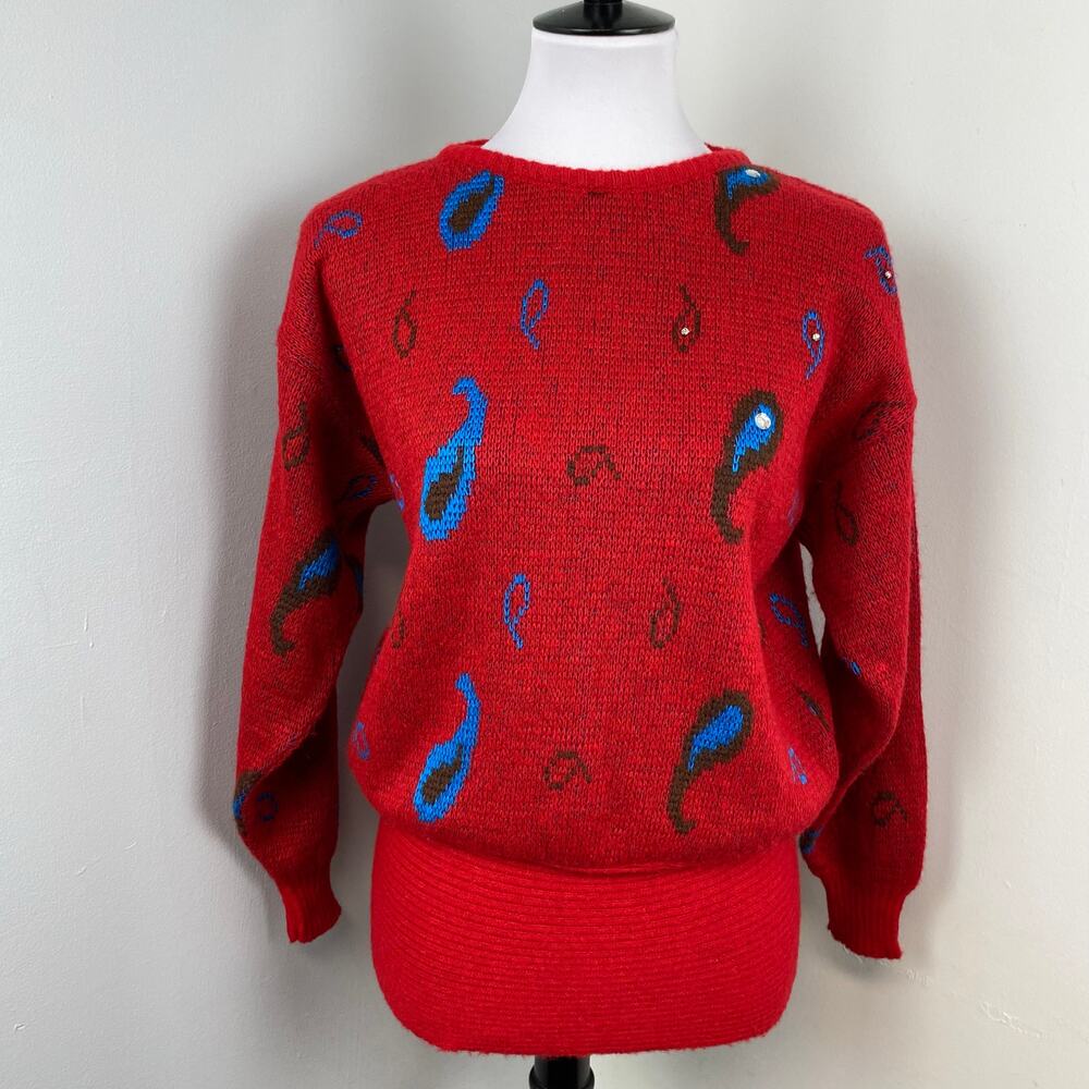 Diane Von Furstenberg Vintage 80s Red Wool Balloon Sleeve Paisley Sweater Small